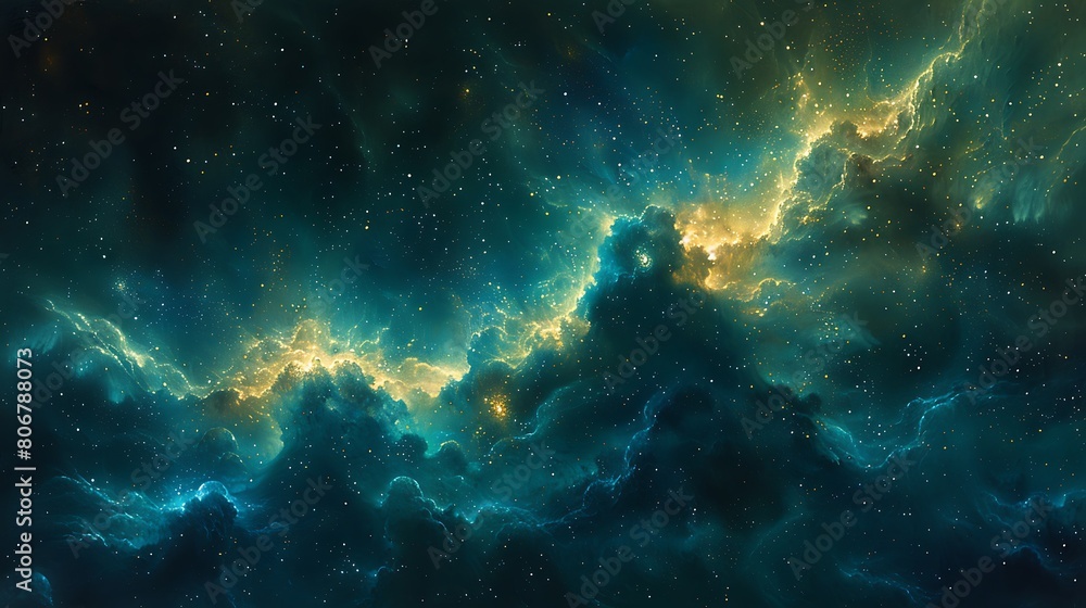 An artistic interpretation of the night sky, where starbursts and nebulae blend in a surreal composition of dark blue and green, capturing the awe-inspiring beauty of a starlit night. An artistic interpretation of the night sky, where starbursts and nebulae blend in a surreal composition of dark blue and green, capturing the awe-inspiring beauty of a starlit night.
