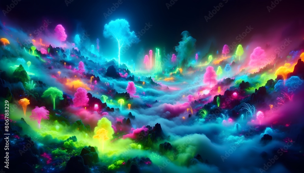 A dense fog over a fluorescent landscape. abstract background A dense fog over a fluorescent landscape. abstract background