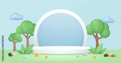 Summer promotional background with 3d platform. Advertising podium in garden. Blue round shape, white show pedestal, trees, clouds, green leaves, plasticine flowers on lawn. Vector illustration