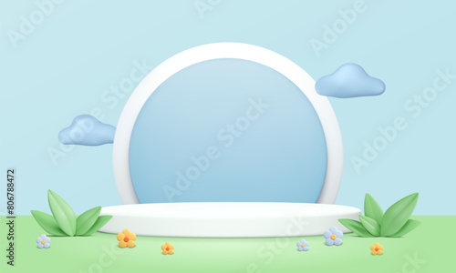 3d podium with summer background. Blue round shape, white show pedestal, green leaves and plasticine flowers on lawn. Vector promotional illustration, cartoon advertising banner, presentation concept.