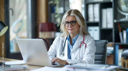 female doctor working on laptop