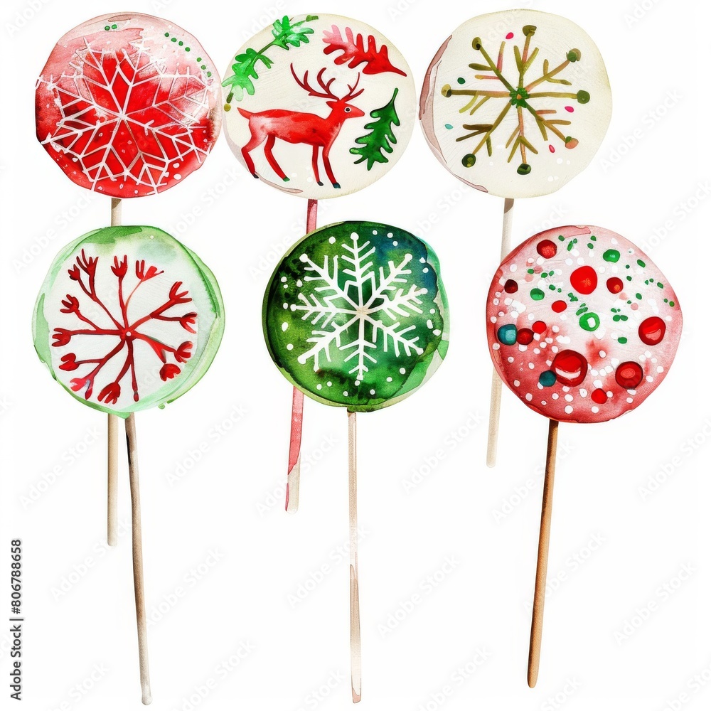 Watercolor lollipops with Christmas patterns. Watercolor lollipops with Christmas patterns.