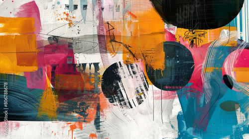 A mixed-media abstract print combining digital elements with hand-painted textures featuring a collage of vibrant colors and abstract shapes that evoke a sense of creativity and artistic expression