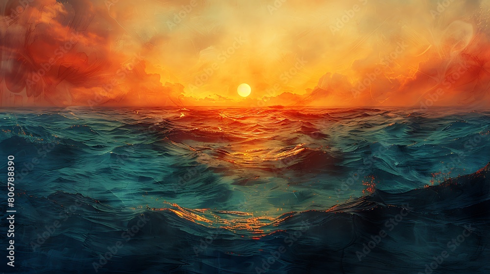 Artistic interpretation of tropical waters at sunset, where the aqua blues merge with the orange hues of the setting sun, creating a dreamy, watercolor effect. Artistic interpretation of tropical waters at sunset, where the aqua blues merge with the orange hues of the setting sun, creating a dreamy, watercolor effect.