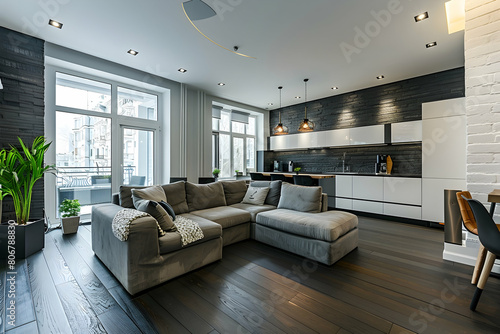 Modern interior design of the living room and kitchen in dark gray and white walls with a black wood floor
