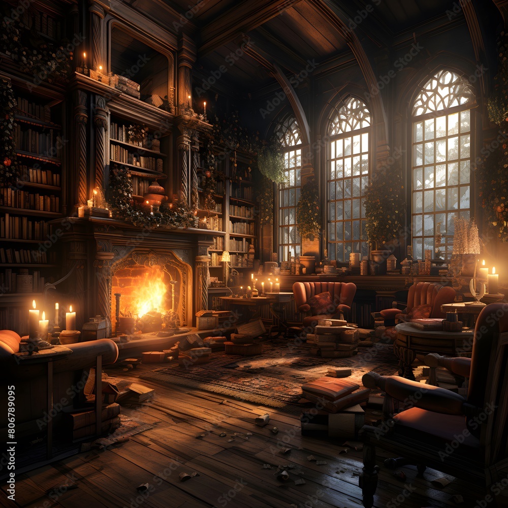 Interior of an old house with a fireplace. 3D rendering