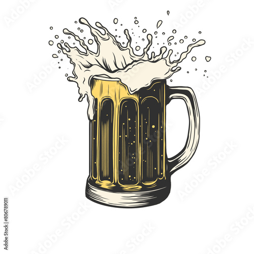 Hand drawn mug of beer with splash of foam. Vector illustration isolated on white background for menu and packaging design for pubs, restaurants, craft brewing.