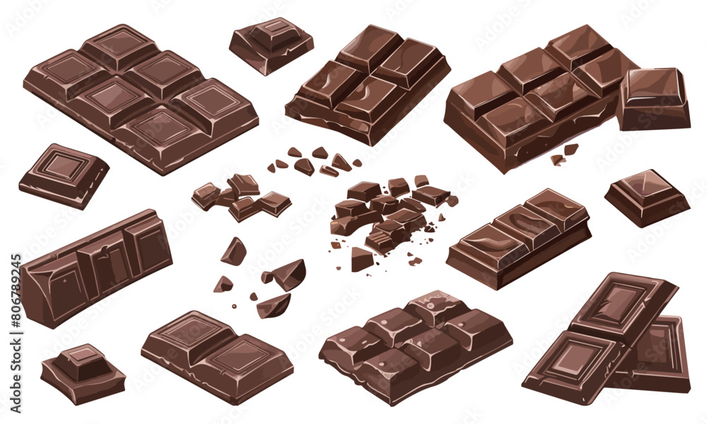 Chocolate bar in different angles . Chocolate bonbones set. Opened chocolate bar. Pieces of chocolate Chocolate bar in different angles . Chocolate bonbones set. Opened chocolate bar. Pieces of chocolate