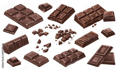 Chocolate bar in different angles . Chocolate bonbones set. Opened chocolate bar. Pieces of chocolate