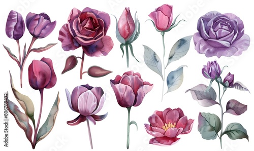 Floral roses and tulips elements set. Watercolor botanical illustration  Generative AI 