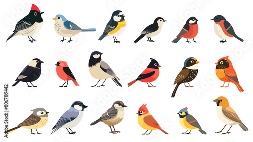 Different cartoon wild birds. Forest bird set isolated on white