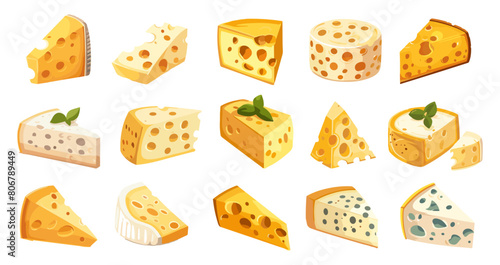 Different cheese types. Yellow cheese. Peace of cheese. Isolated vector set