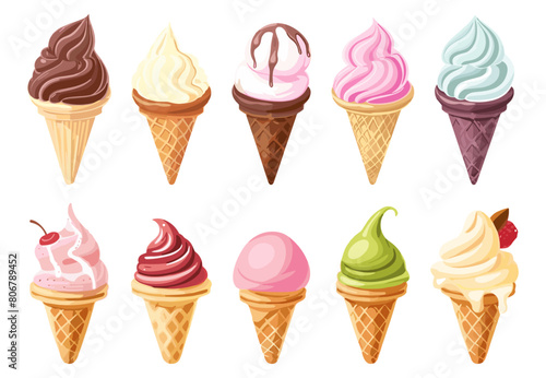 Different icecream set. Ice-cream Variaety of top and fillings. Waffel cones