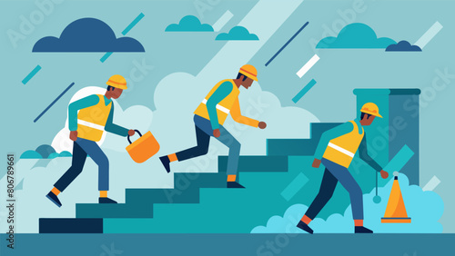 The construction workers usually bustling with energy now trudge through the site with heavy steps as they try to keep up with the aftermath of the. Vector illustration