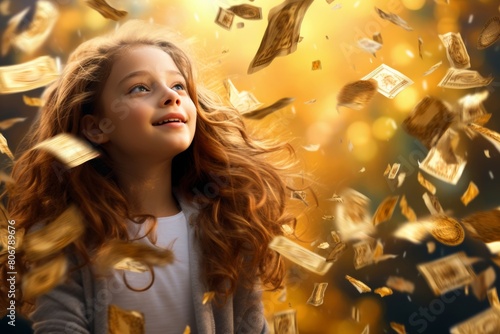 a child stands beneath a shower of money, their delighted expression bathed in a gentle, warm light, capturing the enchanting blend of innocence and excitement photo