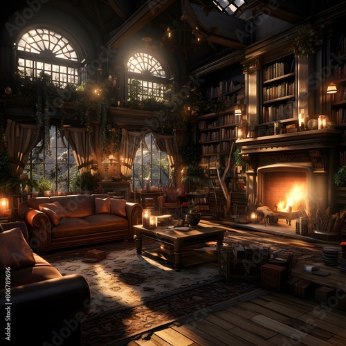 3D rendering of the interior of an old house with a fireplace © Michelle