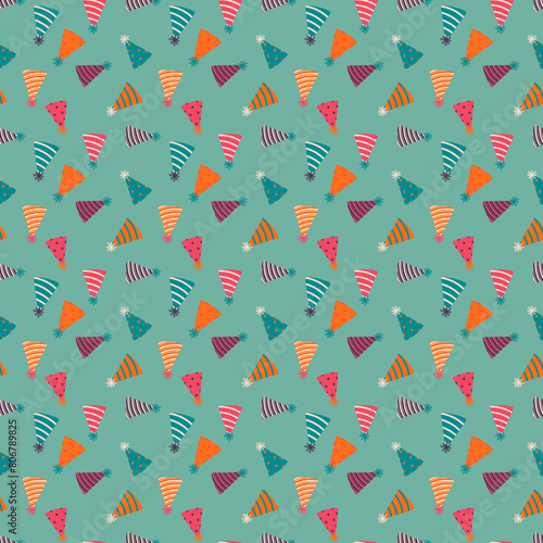 Seamless Pattern Background with Celebration Party Hat. Colorful endless print with Birthday party hats. Design for prints, wrapping paper, gift bags, scrapbooking.