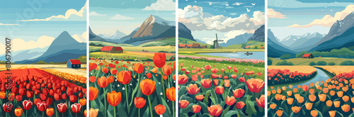 Vector spring background. Dutch landscape with tulip field, mountains. Poster set