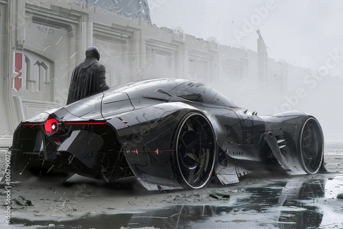 A hero in a black knight costume standing next to a modern racing car, fantasy illustration