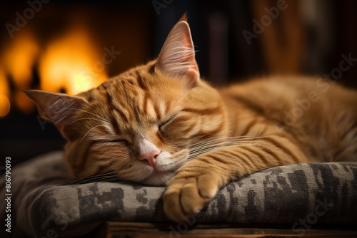 A ginger cat sleeps on the couch © gyana08