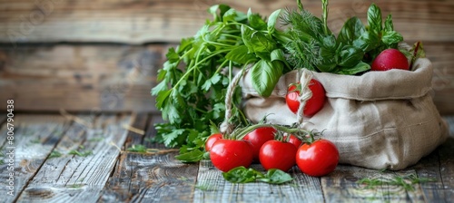Fresh vegetables like tomatoes, basil, and radishes in bags on a wooden table