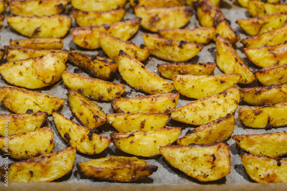 Potato wedges in seasoning are baked in the oven. Tasty cooking. Preparing a side dish of vegetables for lunch. Baking on parchment. High carbohydrate food. Vegetarian dish. country style potatoes