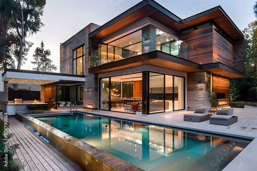 Modern two-story house with pool, wooden cladding combined with dark metal and glass elements © DESIRED_PIC