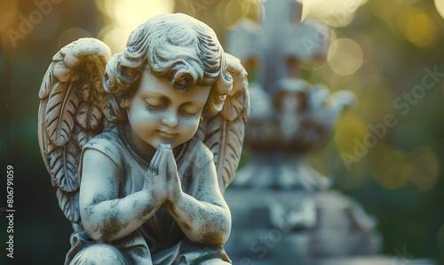 Angel statue praying on graveyard close up, Generative AI 