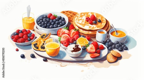 Wholesome breakfast cartoon illustration - Generative AI. Nut, juice, fruits, berries.
