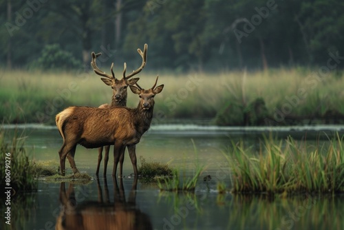 Majestic Red Deer Stags by a Misty Lake