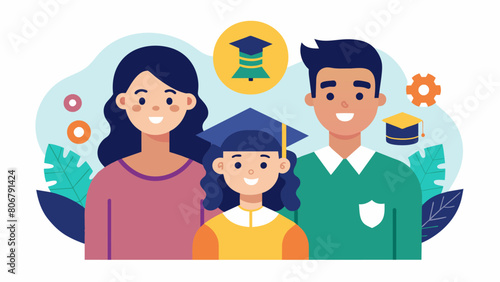 A family portrait with two versions one with parents and children smiling and surrounded by symbols of financial stability and another with the same. Vector illustration