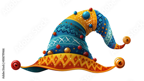 A colorful elf hat with jingle bells isolated on a transparent background photo