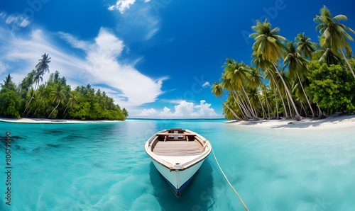 Cruise boat anchored among tropical islands with beaches and coconut palms. A summer holiday setting for relaxation. photo
