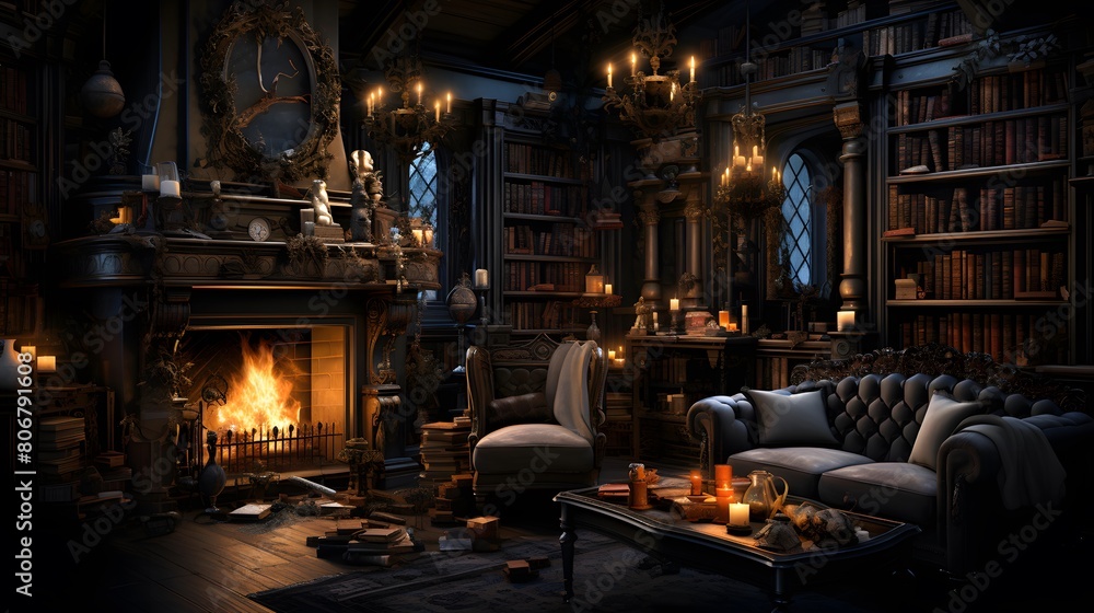 Luxury interior of the living room with fireplace and books.