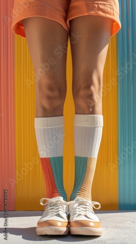 A woman in shorts and knee high socks stands by a vibrant wall