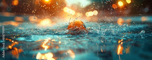 Orange half-submerged in splashing water with blurred orange lights in the background. photo