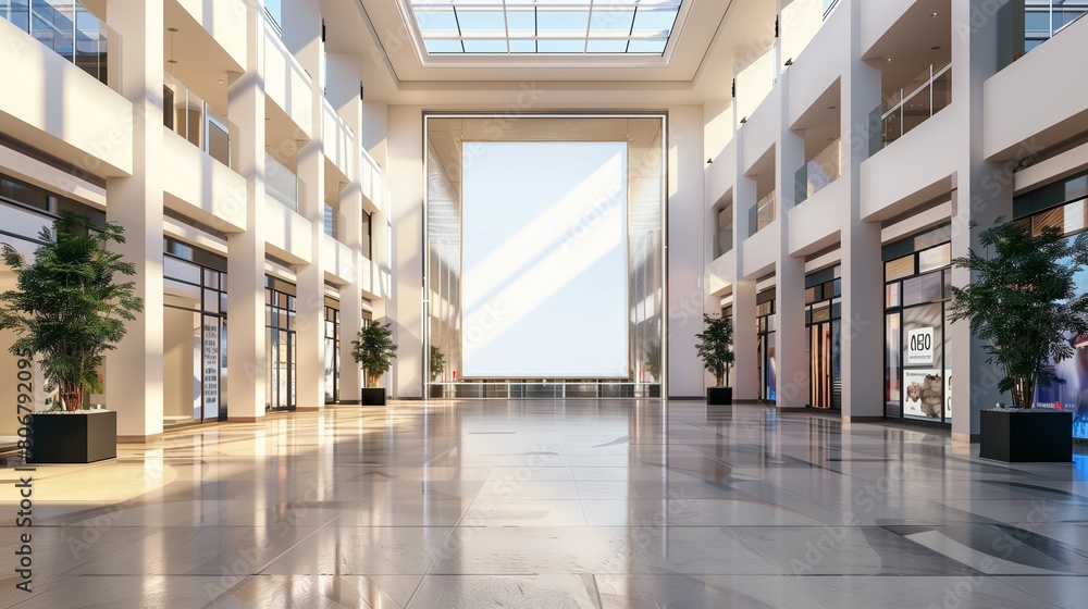 Shopping center or business mall featuring a large, high-visibility advertisement board. This blank white mockup signboard offers copy space for showcasing sales and promotional advertisements. Shopping center or business mall featuring a large, high-visibility advertisement board. This blank white mockup signboard offers copy space for showcasing sales and promotional advertisements.