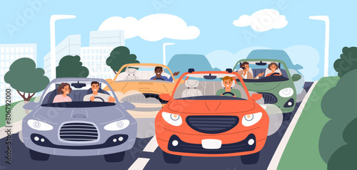 Traffic jam. Bad mood people in cars. Confused sad drivers and passengers. Automobiles front view. Vehicles congestion at highway. Transport collapse. City roadway. Garish vector concept