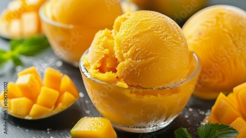  A scoop of mango ice cream rests in a glass bowl, surrounded by slices of ripe mango and melon pieces © Wall
