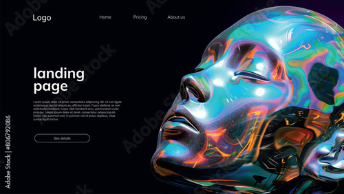 landing page template with bright fluid holographic human head
