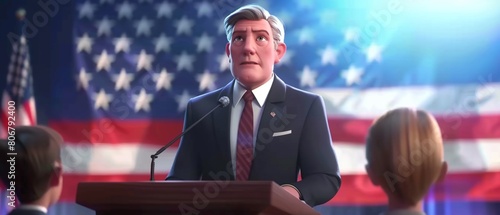 In a patriotic scene, the 2024 presidential candidate stands at a podium, framed by the American flag  8K , high-resolution, ultra HD,up32K HD photo