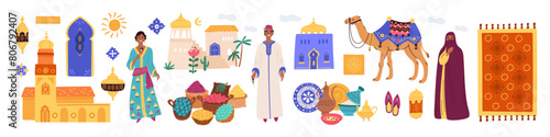 Morocco traditional elements. Ancient buildings. Arab man or woman costumes. Carpets with oriental ornaments. Muslim mosques. East souvenirs. Touristic travel objects. Garish vector set
