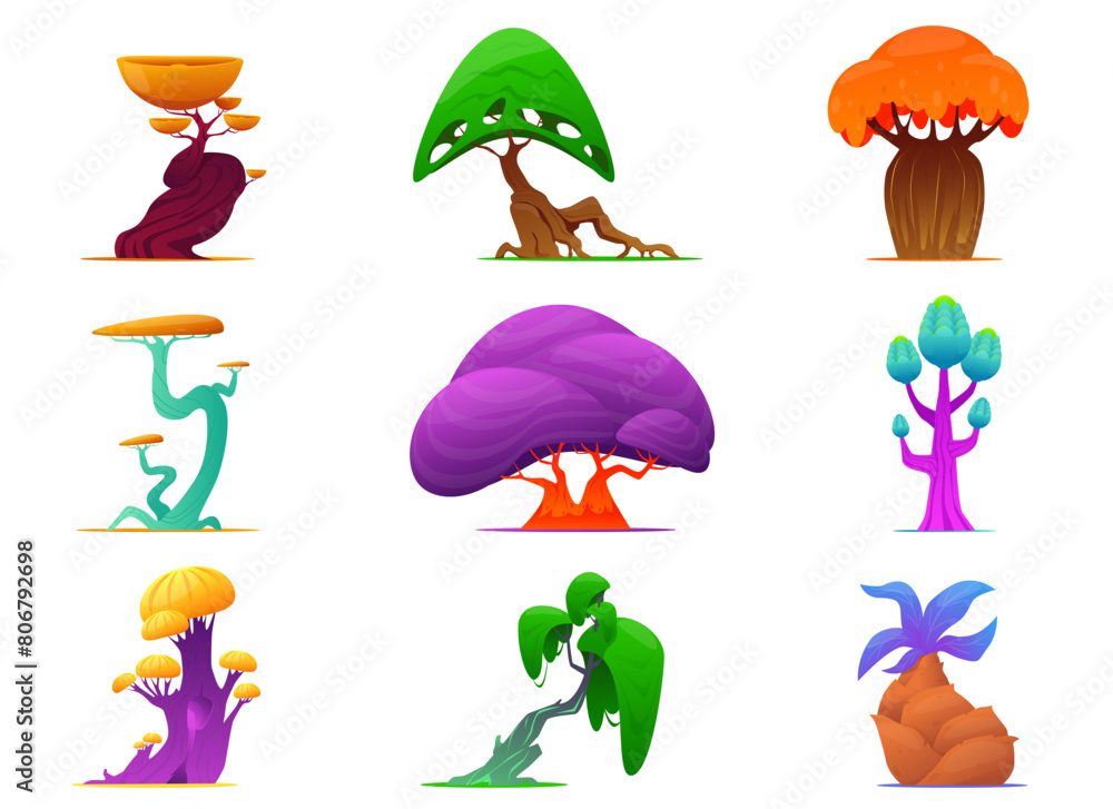 Fototapeta premium Fantastic plants. Magic trees fancy shapes. Colorful foliage crowns and trunks. Alien greenery. Unusual flora. Mystical garden. Fairytale botanical objects. Forest elements vector set