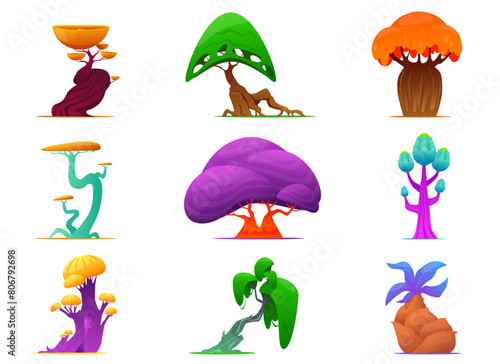 Fantastic plants. Magic trees fancy shapes. Colorful foliage crowns and trunks. Alien greenery. Unusual flora. Mystical garden. Fairytale botanical objects. Forest elements vector set