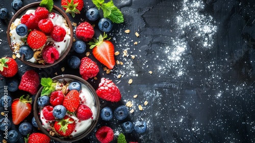  Two bowls of yogurt on a black surface, topped with strawberries and blueberries, and a few sprinkles for garnish