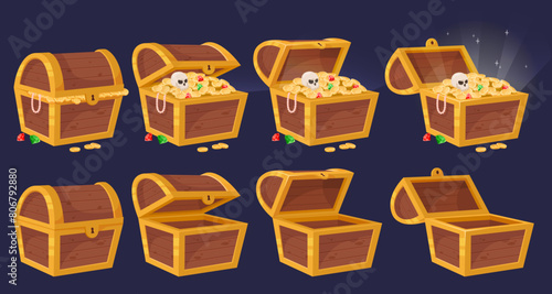 Cartoon wooden chest animation. Fabulous pirate treasure. Gold coins and gems. Precious stones. Closed or opened containers. Empty and full boxes with antique wealth. Recent vector concept