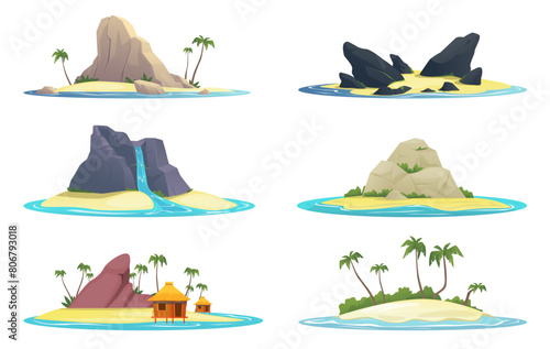 Cartoon tropical islands. Beautiful natural landscapes. Rocks or palm trees. Mountain waterfall. Sandy beach. Sea coast. Summer adventure. Holidays in nature. Vector seaside sceneries set