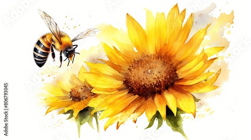 A busy bee collecting pollen from a sunflower, its wings a blur of motion, watercolor on white background, cartoon