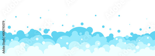 Cartoon soap foam border. Bath shampoo bubbles. Soapy frame. Blue flat balloons. Washing and bathroom hygiene. Laundry detergent balls. Cosmetic mousse. Cleaning suds. Vector background