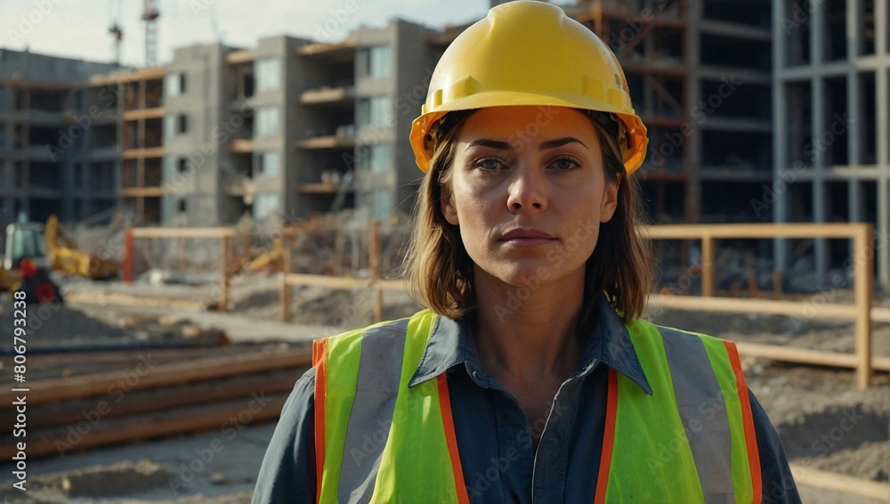 female construction site manager with helmet and safety vest (personal safety equipment) visiting an outdoor construction site female construction site manager with helmet and safety vest (personal safety equipment) visiting an outdoor construction site